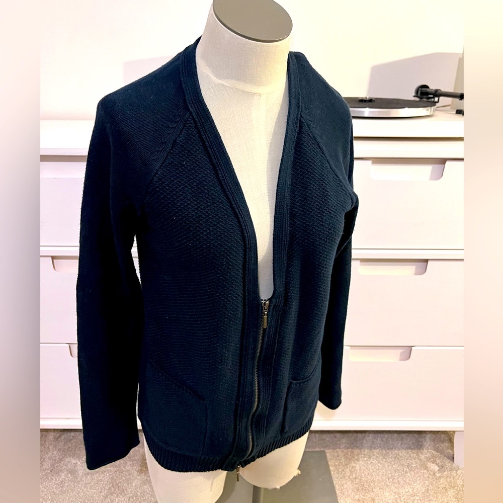 Navy blue zip front cardigan